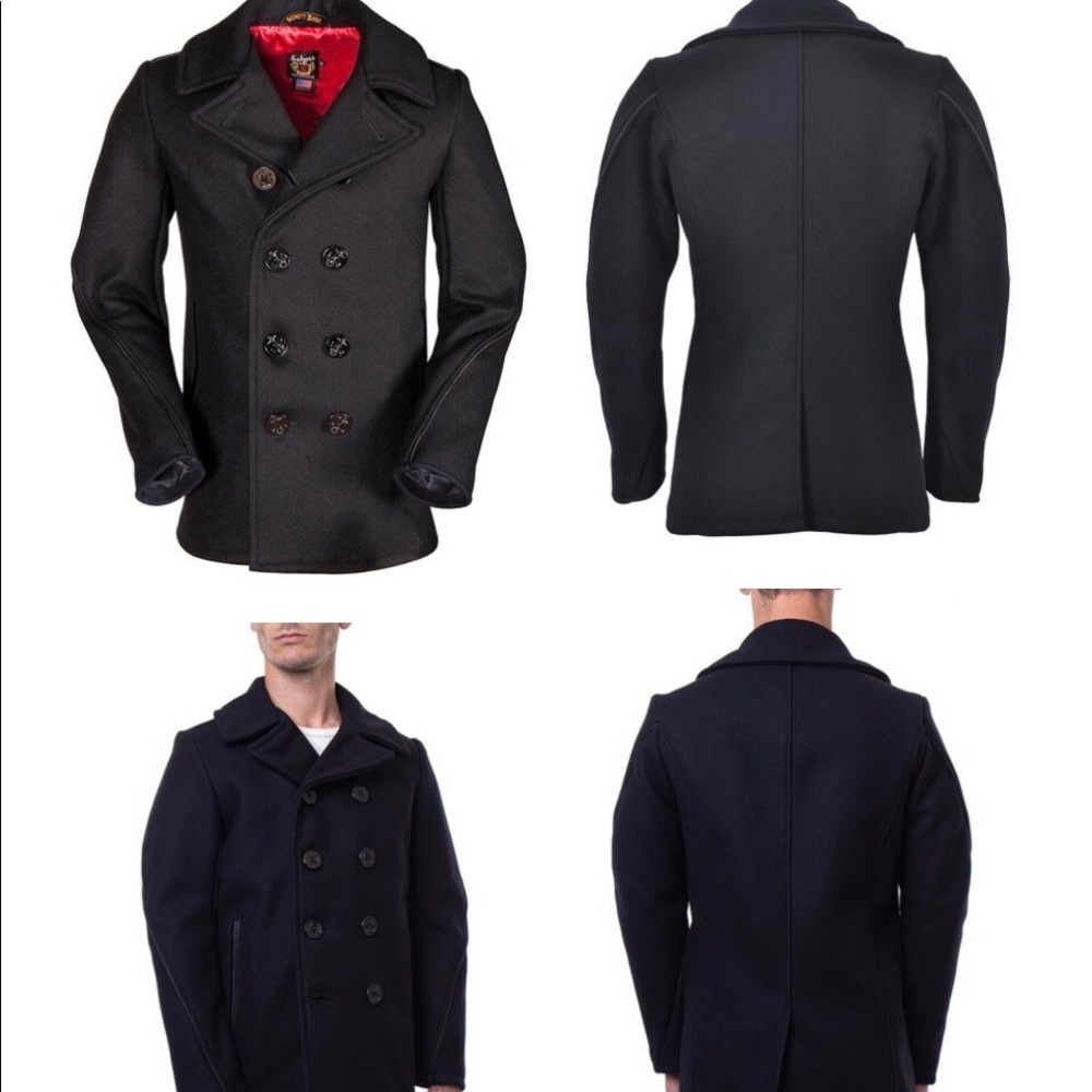 Men’s Schott NYC Wool Peacoat w Leather Trim